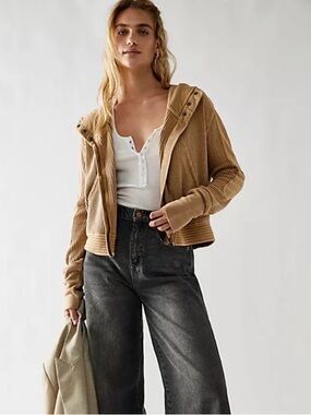 Free people Cropped Hooded Rib-Knit Jacket in Camel